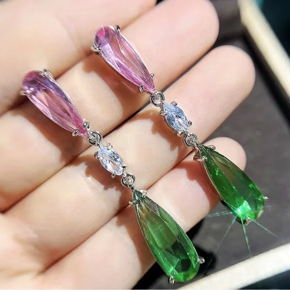 Elegant Pink and Green Drop Earrings - Picture 4 of 4